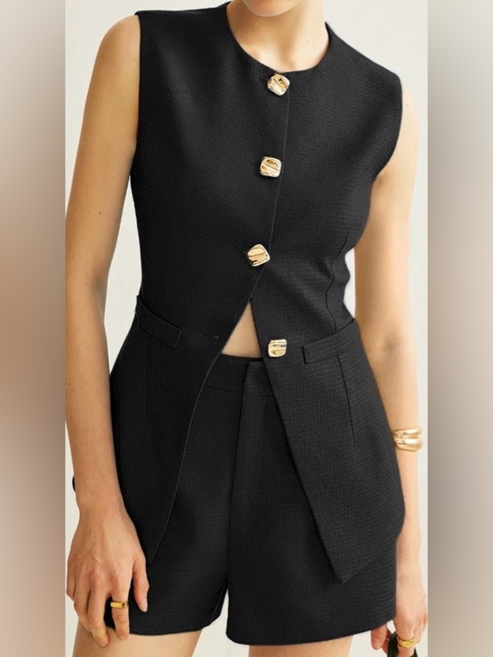 NWT-Commense Sleeveless Black Tailored Vest & Short Set with Gold Buttons, Large